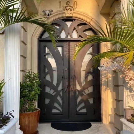 Custmized wrought iron front double door with glass and transom