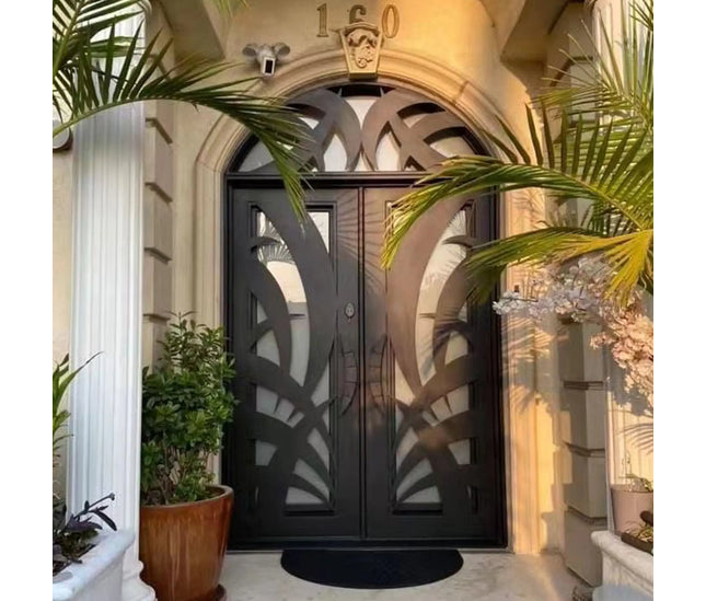 Custmized wrought iron front double door with glass and transom