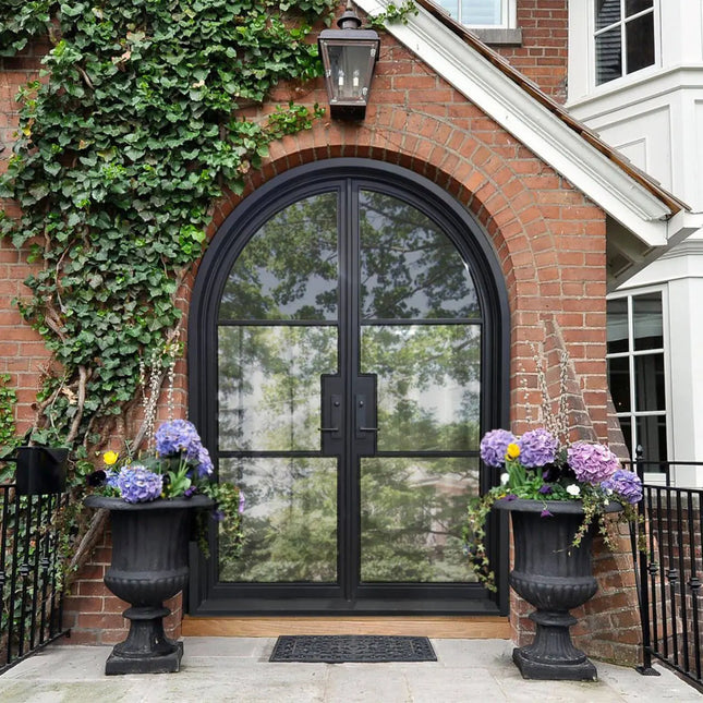 Customization Cost Iron French Double Door with Round Top and Clear Glass