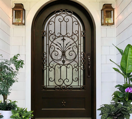 Custom wrought iron entry single door with glass and srollwork