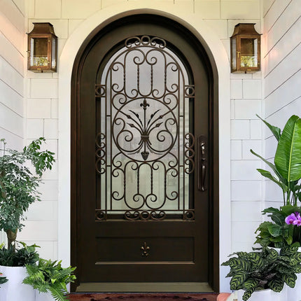 Custom wrought iron entry single door with glass and srollwork