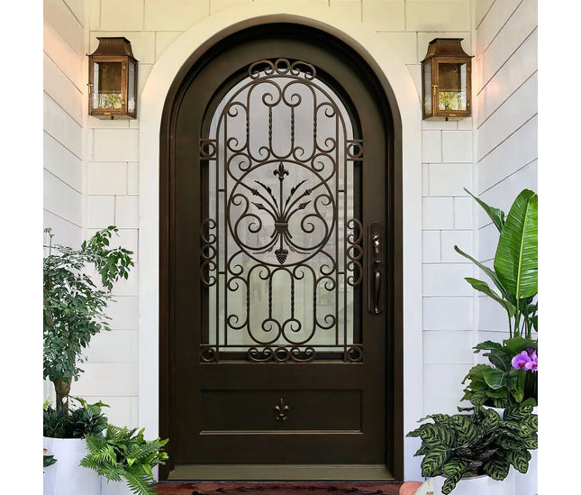 Custom wrought iron entry single door with glass and srollwork