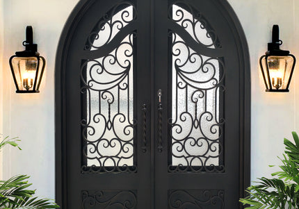 Customized size double iron front door with round top