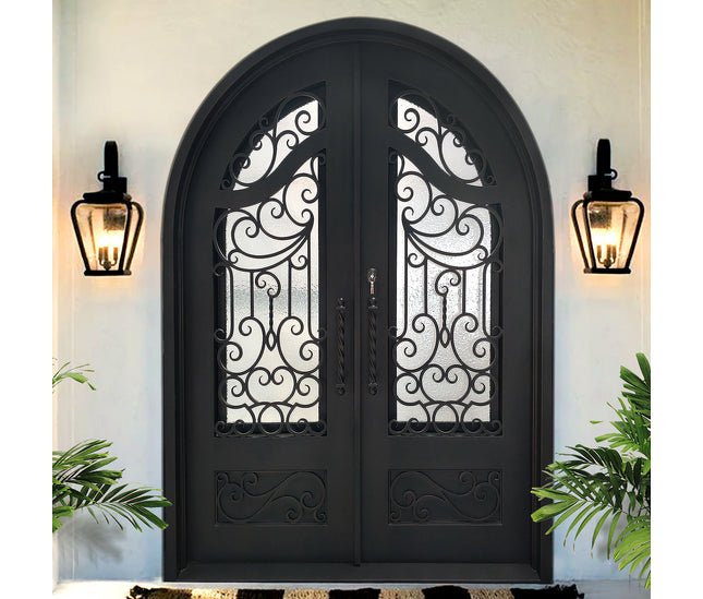 Customized size double iron front door with round top