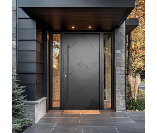Customized size iron pivot door with sidelights in black