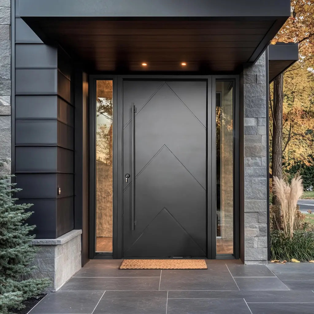 Customized size iron pivot door with sidelights in black