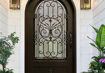 Custom wrought iron entry single door with glass and srollwork