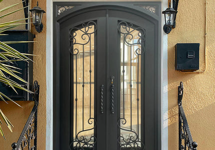ECD custom wought iron entry double door with scrollwork and square top