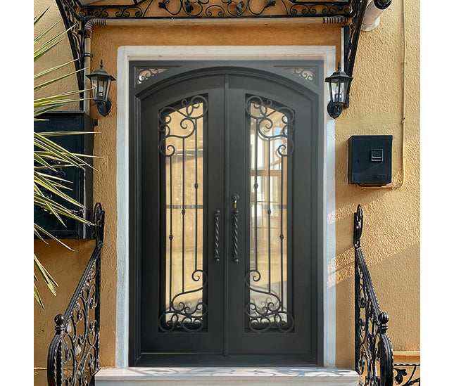 ECD custom wought iron entry double door with scrollwork and square top