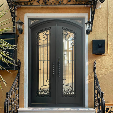 ECD custom wrought iron entry double door with scrollwork and square top