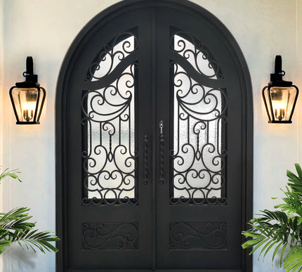 Customized size double iron front door with round top