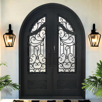 Customized size double iron front door with round top