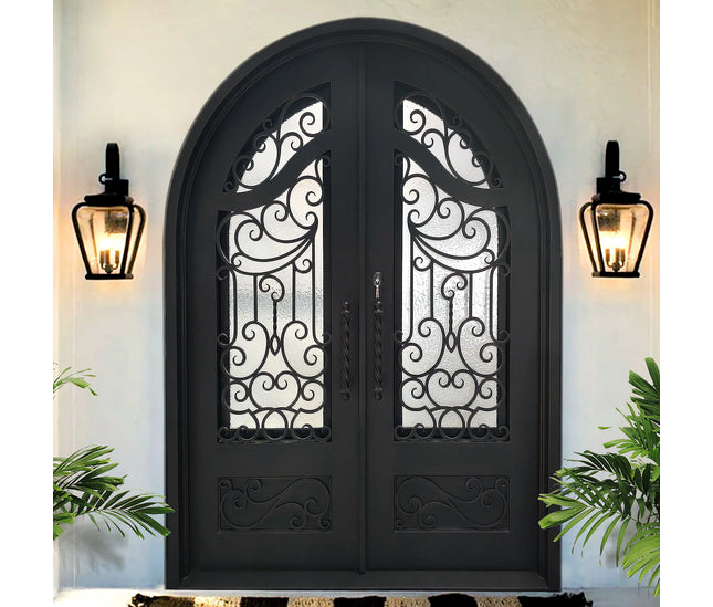 Customized size double iron front door with round top