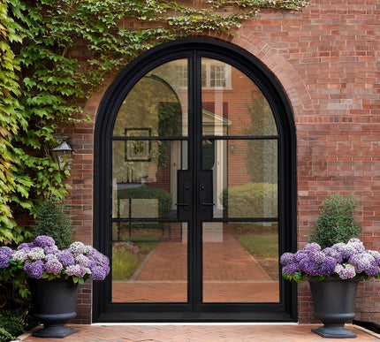 Decorative Thermal Break Iron French Double Door with Round Top F-T113
