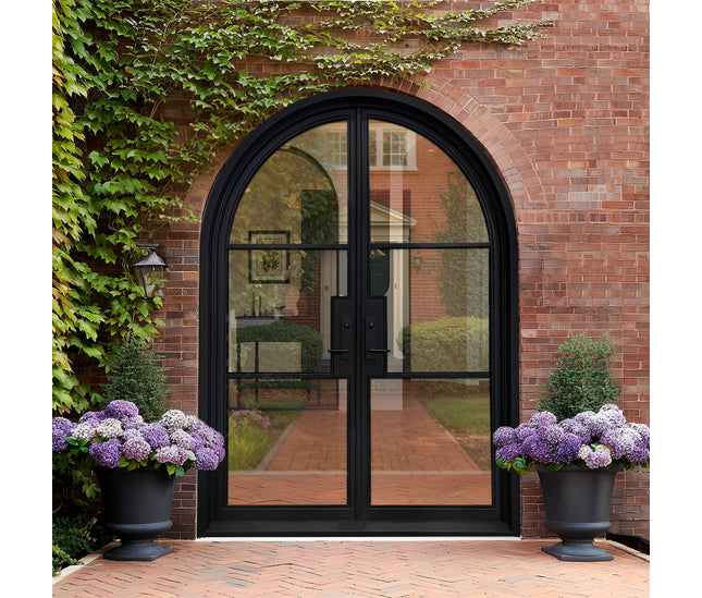 Decorative Thermal Break Iron French Double Door with Round Top F-T113