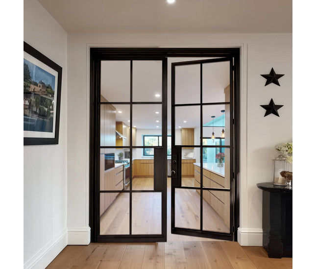 ECD Hand-forged Wrought Iron French Interior Double Door with Tempered Glass F-I106
