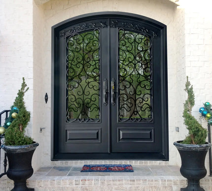ECD black wrought iron double door with decorative glass panels 