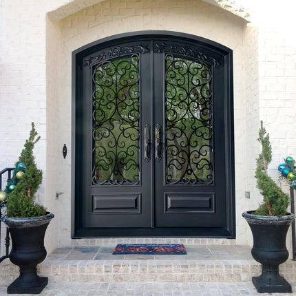 ECD black wrought iron double door with decorative glass panels 