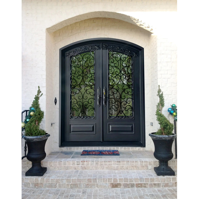 ECD black wrought iron double door with decorative glass panels 