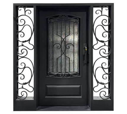 elitecustomdoor iron front door with two sidelights and scrollwork