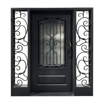 elitecustomdoor iron front door with two sidelights and scrollwork