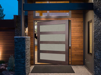 Pivot entrance door in rust red brown