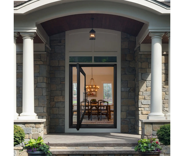 elitecustomdoor iron pivot door with arched transom