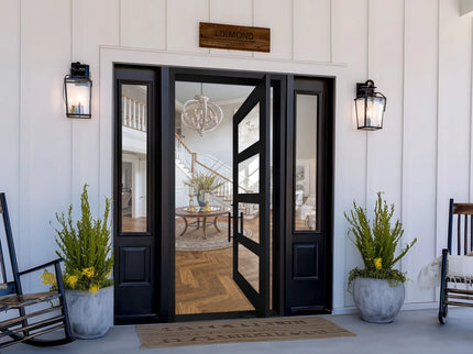 elitecustomdoor iron pivot door with clear glass and sidelights