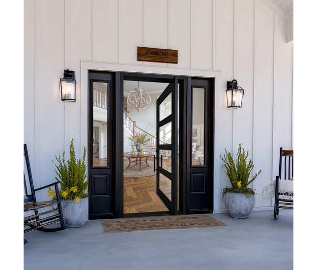 elitecustomdoor iron pivot door with clear glass and sidelights