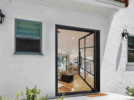 elitecustomdoor iron pivot door with long handle and minimalist style