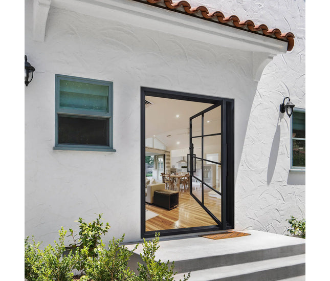 elitecustomdoor iron pivot door with long handle and minimalist style