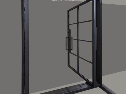 elitecustomdoor iron pivot single door with 8 lite tempered glass
