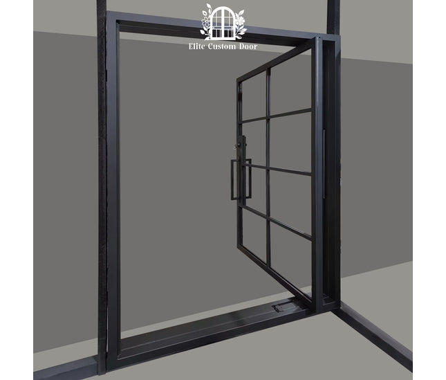 elitecustomdoor iron pivot single door with 8 lite tempered glass