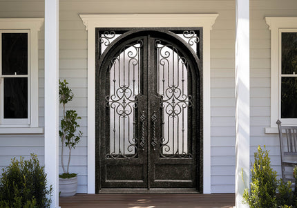 decorative iron exterior double door with intricate scrollwork and kickplate