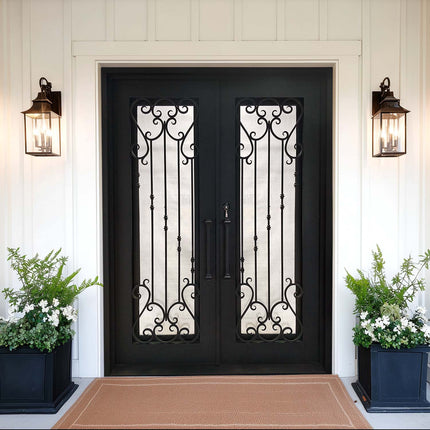decorative black double door with intricate scrollwork
