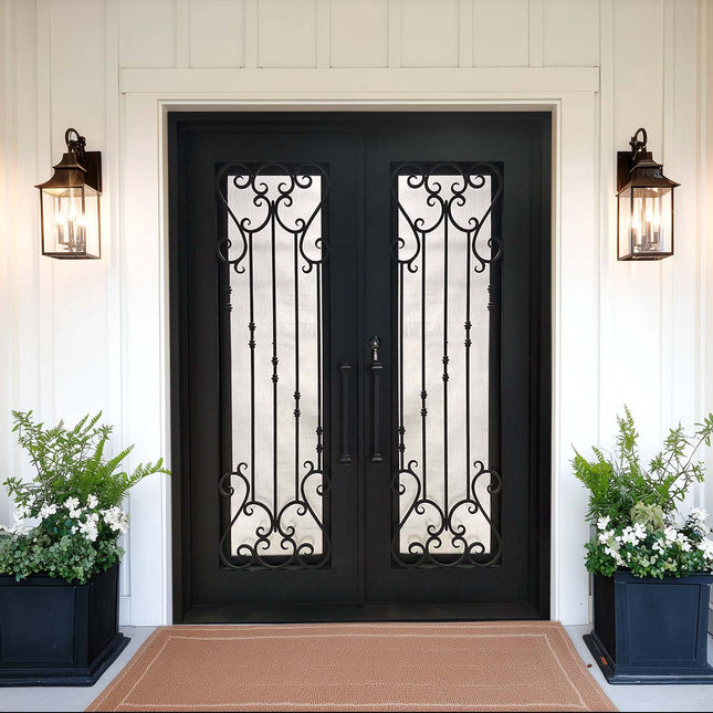 decorative black double door with intricate scrollwork