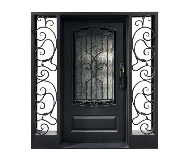 elitecustomdoor thermal break iron front single door with kick plate and scrollwork