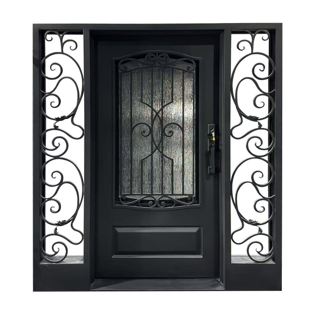 elitecustomdoor thermal break iron front single door with kick plate and scrollwork