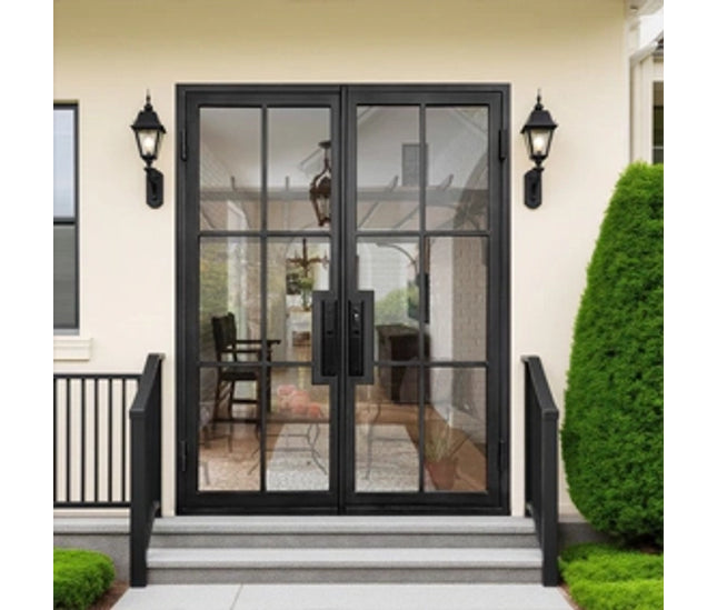 EliteCustomDoor Thermal Break Iron French Double Door with 6 Lites F-T106