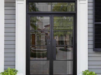 EliteCustomDoor Thermal Break Iron French Double Door with Transom and 4 Lites F-T103