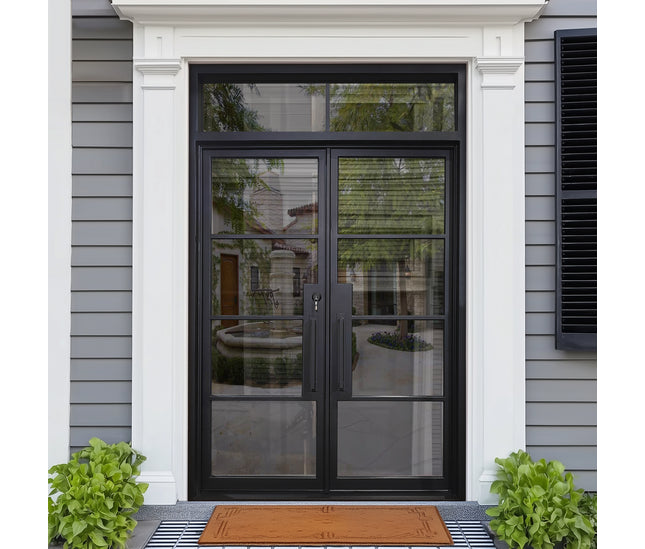 EliteCustomDoor Thermal Break Iron French Double Door with Transom and 4 Lites F-T103