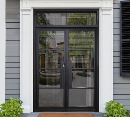 EliteCustomDoor Thermal Break Iron French Double Door with Transom and 4 Lites F-T103