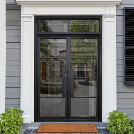 EliteCustomDoor Thermal Break Iron French Double Door with Transom and 4 Lites F-T103