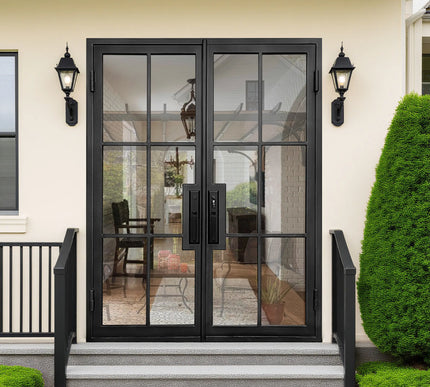 EliteCustomDoor Thermal Break Iron French Double Door with 6 Lites F-T106