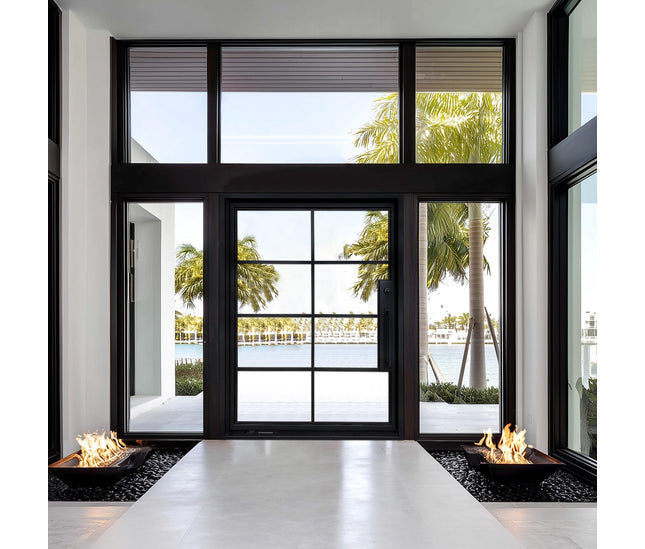 EliteCustomDoor Thermal Break Iron Pivot Single Door with 8 Lite Clear Tempered Glass P-T107