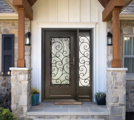 Decorative wrought iron front door with one sidelight 