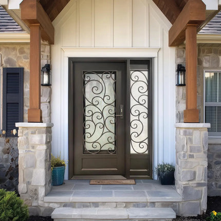Decorative wrought iron front door with one sidelight 