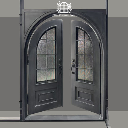 elitecustomdoor high quality thermal break iron wrouhght door with kickplate and square top