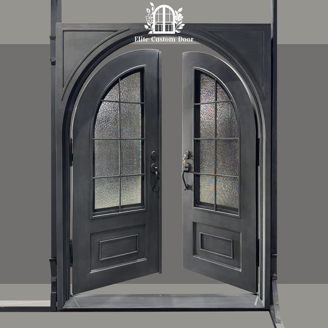 elitecustomdoor high quality thermal break iron wrouhght door with kickplate and square top