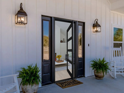 elitecustomdoor square top iron pivot door with two sidelights